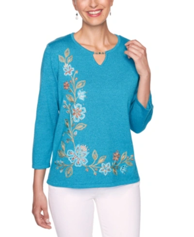 Shop Alfred Dunner Petite Colorado Springs Floral Asymmetric Embroidered Sweater In Peacock