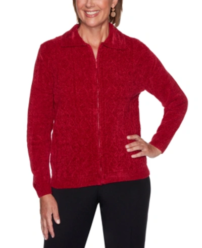 Shop Alfred Dunner Petite Zippered Chenille Cardigan In Red