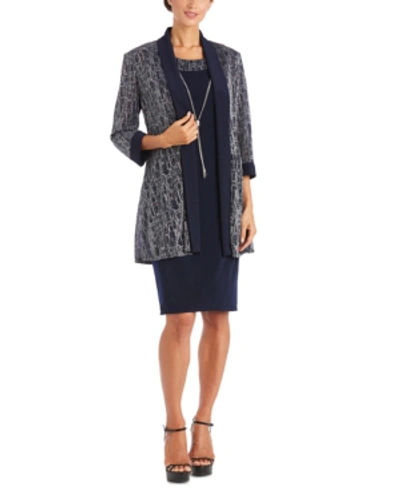 R & M Richards Floral-print 2-pc. Jacket & Necklace Dress In Navy/silver |  ModeSens