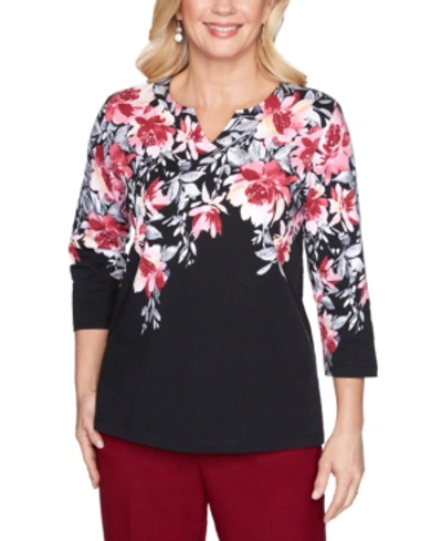 Shop Alfred Dunner Petite Madison Avenue Floral Yoke Top In Black