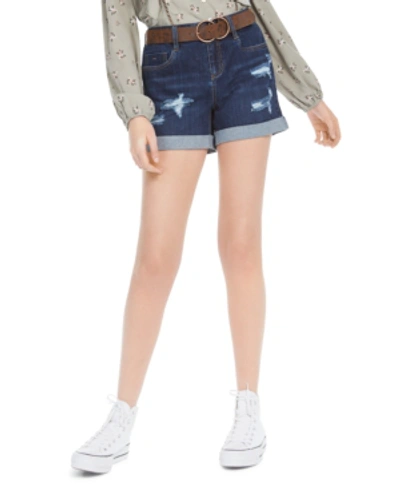 Shop Dollhouse Juniors' Belted Cuffed Distressed Denim Shorts In Canary Isle