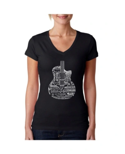 Shop La Pop Art Women's Word Art V-neck Languages Guitar T-shirt In Black