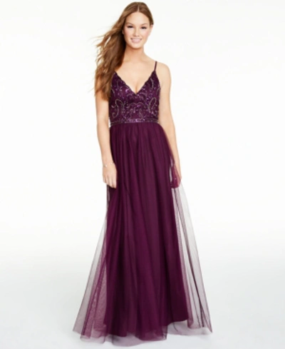 Shop Jump Juniors' Beaded-bodice Gown In Burgundy