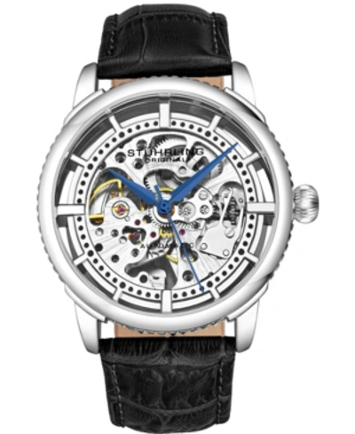 Stuhrling Men's Black Alligator Embossed Genuine Leather Strap Watch 42mm In Silver