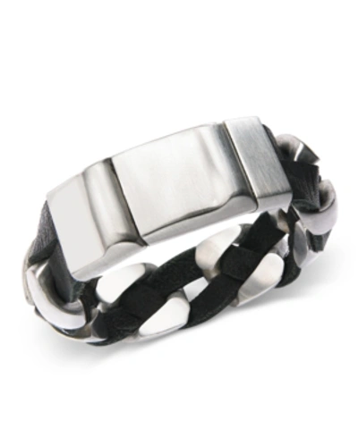 Shop Sutton By Rhona Sutton Stainless Steel And Black Leather Chain Bracelet In Silver
