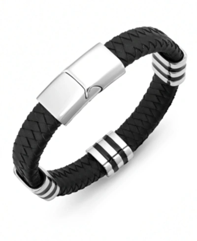 Shop Sutton By Rhona Sutton Men's Stainless Steel Striped Station And Herringbone Leather Bracelet