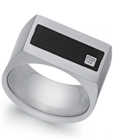 Shop Sutton By Rhona Sutton Men's Stainless Steel Cubic Zirconia And Black Enamel Ring In Silver