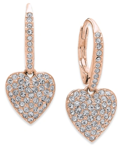 Shop Eliot Danori Pave Heart Drop Earrings, Created For Macy's In Rose Gold