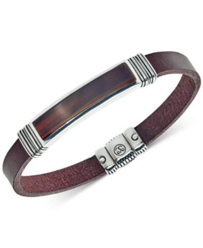 Shop Esquire Men's Jewelry Red Tiger's Eye (45 X 15mm) Brown Leather Bracelet In Sterling Silver, Created For Macy's