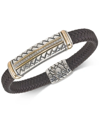 Shop Esquire Men's Jewelry Diamond Brown Woven Leather Bracelet (1/4 Ct. T.w.) In Sterling Silver & 14k Gold, Created For Macy'
