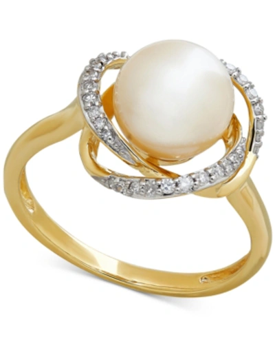Shop Honora Cultured Freshwater Pearl (8mm) & Diamond (1/8 Ct. T.w.) Ring In 14k Gold In Yellow Gold