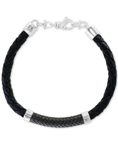 Shop Effy Collection Effy Men's Leather Bracelet In Sterling Silver In Black