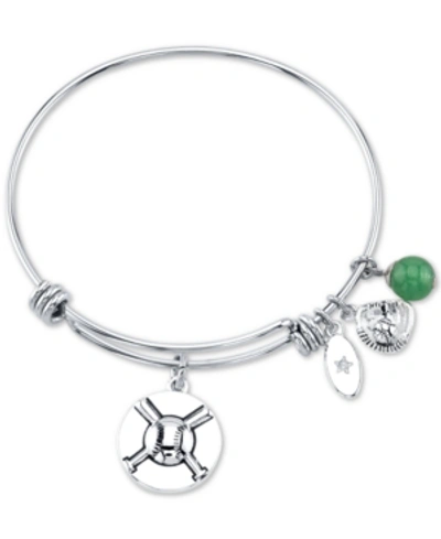 Shop Unwritten Baseball Charm And Green Aventurine (8mm) Bangle Bracelet In Stainless Steel Silver Plated Charms