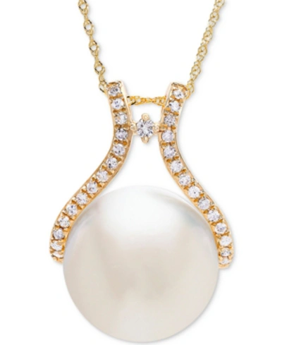 Shop Honora Cultured White Ming Pearl (10mm) & Diamond (1/5 Ct. T.w.) Pendant Necklace In 14k Gold