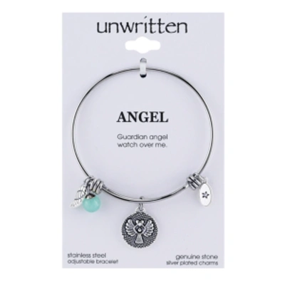 Shop Unwritten Angel Charm And Amazonite (8mm) Bangle Bracelet In Stainless Steel With Silver Plated Charms