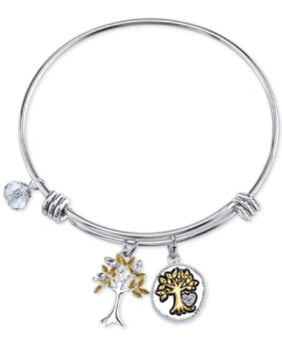 Shop Unwritten Two-tone Family Tree Message Charm Bangle Bracelet In Stainless Steel With Silver Plated Charms