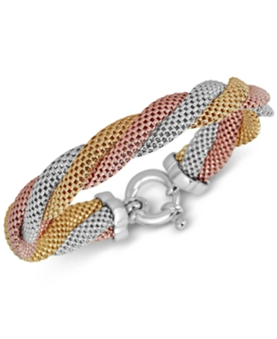 Shop Italian Gold Mesh Twist Bracelet In Tri-tone Sterling Silver In Tricolor