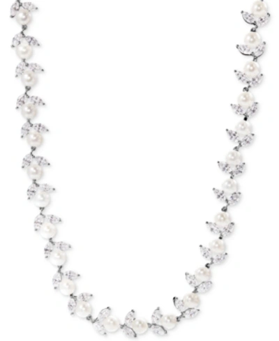 Shop Arabella Cultured Freshwater Pearl (6mm) And Cubic Zirconia Collar Necklace In Sterling Silver In White