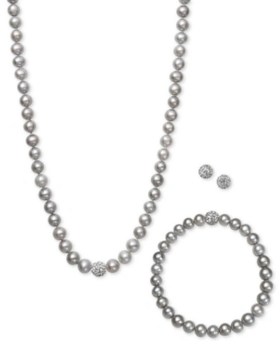 Shop Belle De Mer White, Gray Or Pink Cultured Freshwater Pearl (7mm) & Crystal Collar Jewelry Set In Grey