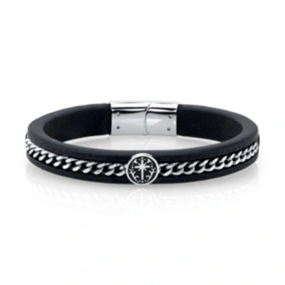 Shop He Rocks Black Leather And Cross Design Stainless Steel Chain Bracelet, 8.5" In Black/stainless Steel