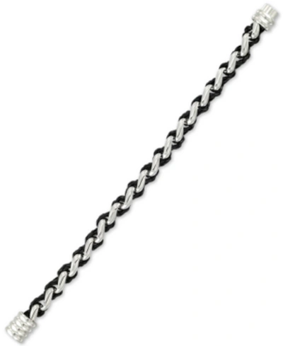 Shop Legacy For Men By Simone I. Smith Black Leather Braided Bracelet In Stainless Steel