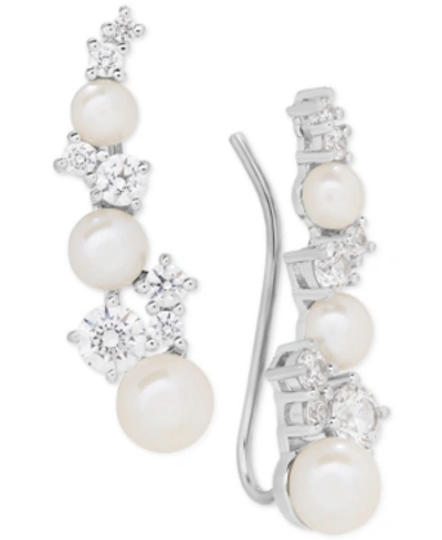 Shop Arabella Cultured Freshwater Pearl (3-1/2 - 5-1/2mm) & Swarovksi Zirconia Ear Climbers In Sterling Silver, Cr In White