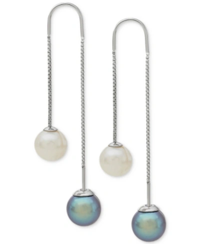 Shop Arabella Gray And White Cultured Freshwater Pearl (8mm) Threader Earrings In Sterling Silver (also Available 