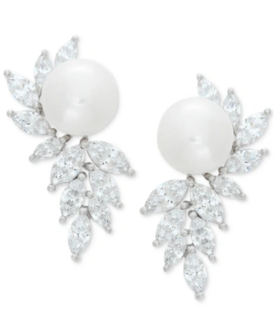 Shop Arabella Cultured Freshwater Pearl (10mm) & Cubic Zirconia Drop Earrings In Sterling Silver In White