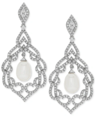 Shop Arabella Cultured Freshwater Pearl (7mm) & Cubic Zirconia Orbital Drop Earrings In Sterling Silver In White