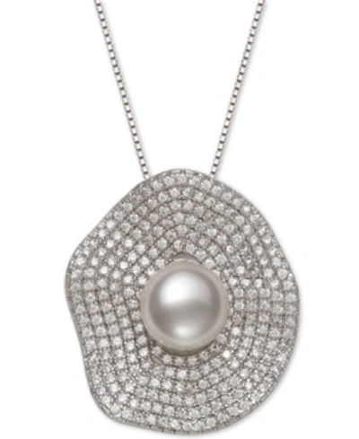 Belle De Mer Cultured Freshwater Pearl (8mm) & Cubic Zirconia 18" Pendant Necklace In Sterling Silver In Silver
