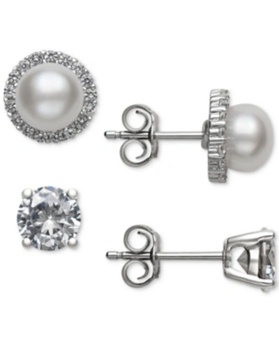 Shop Belle De Mer 2-pc. Set Cultured Freshwater Pearl (6mm) & Cubic Zirconia Stud Earrings In Sterling Si In White
