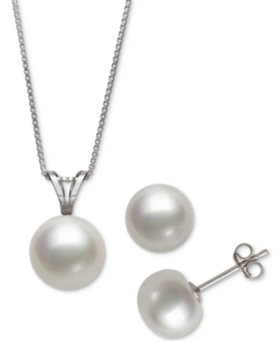 Shop Belle De Mer 2-pc. Set White Cultured Freshwater Pearl Pendant Necklace (9mm) & Stud Earrings (8mm) (also In Gray