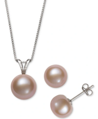 Shop Belle De Mer 2-pc. Set White Cultured Freshwater Pearl Pendant Necklace (9mm) & Stud Earrings (8mm) (also In Gray In Pink