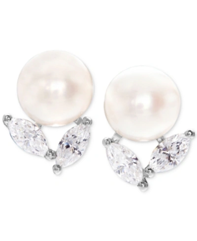 Shop Arabella Cultured Freshwater Pearl (8mm) & Cubic Zirconia Stud Earrings In Sterling Silver In White