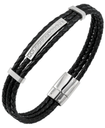 Shop Sutton By Rhona Sutton Sutton Stainless Steel And Braided Leather Bracelet With Cubic Zirconia Stations In Black