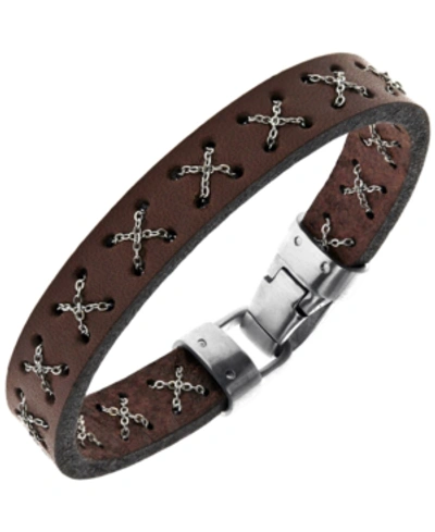 Sutton By Rhona Sutton Sutton Stainless Steel Crossed Chain Brown Leather Bracelet In Brown