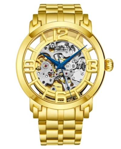 Shop Stuhrling Stainless Steel Gold Tone Case On Stainless Steel Link Bracelet, Gold Tone Dial, With Blue Accents