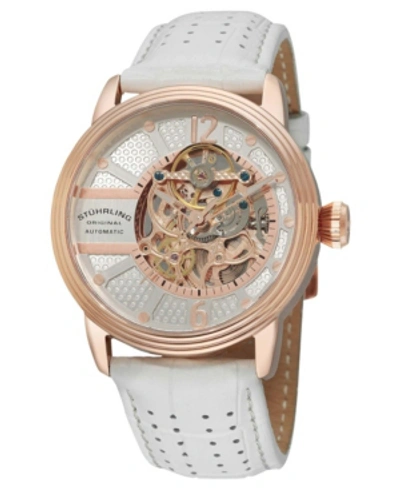 Shop Stuhrling Stainless Steel Rose Tone Case On White Perforated Alligator Embossed Genuine Leather Strap With Gra In Silver
