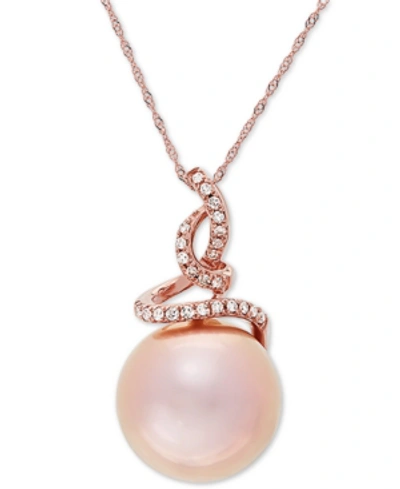 Shop Honora Pink Cultured Ming Pearl (13mm) & Diamond (1/8 Ct. T.w.) 18" Pendant Necklace In 14k Rose Gold