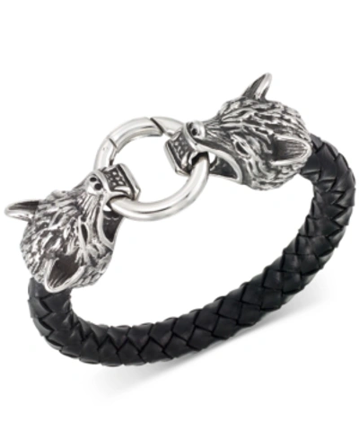 Shop Legacy For Men By Simone I. Smith Wolf Head Leather Braided Bracelet In Stainless Steel In Black