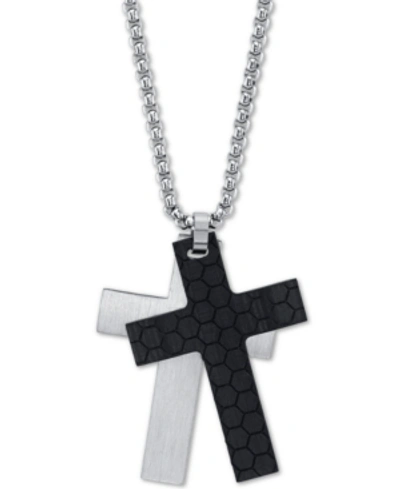 Shop He Rocks Silver And Black Double Cross Pendant Necklace In Stainless Steel, 24" Chain In Two-tone