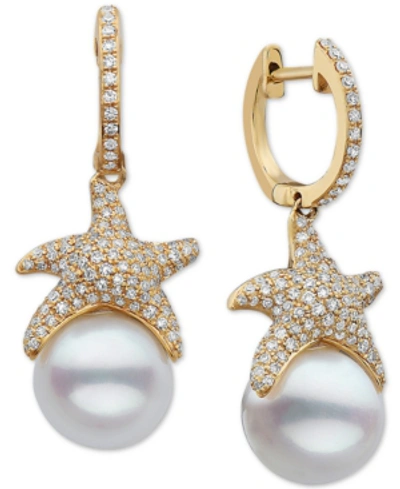 Shop Effy Collection Effy Cultured Freshwater Pearl (9-1/2mm) & Diamond (3/4 Ct. T.w.) Starfish Drop Earrings In 14k Gold In White