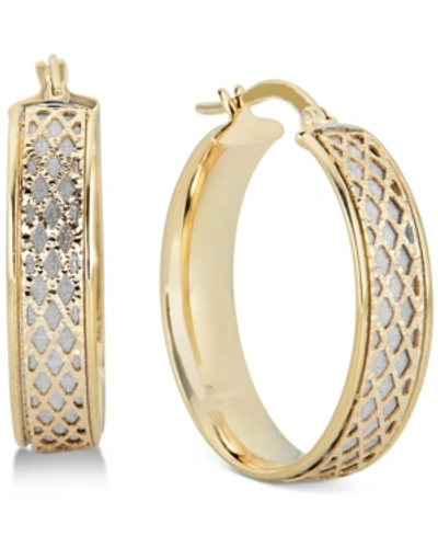 Italian Gold Lattice-design Oval Hoop Earrings In 14k White Gold And 14k Gold In Gold