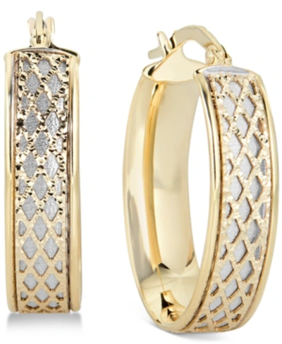 Shop Italian Gold Lattice-design Oval Hoop Earrings In 14k White Gold And 14k Gold