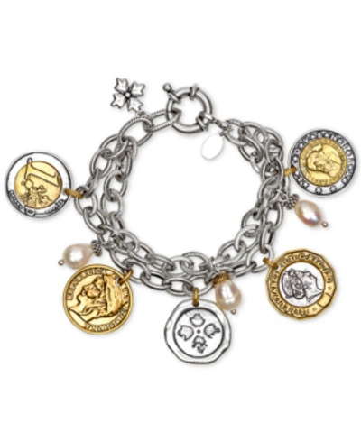 Shop Patricia Nash Two-tone World Coin & Freshwater Pearl (9mm) Double-chain Charm Bracelet In Silver