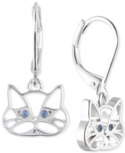 Pet Friends Jewelry Silver-tone Blue Crystal Cat Drop Earrings In Blue