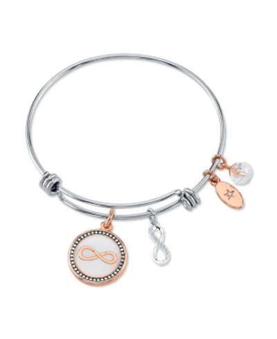 Shop Unwritten "forever Friends" Infinity Bangle Bracelet In Stainless Steel & Rose Gold-tone With Silver Plated Ch