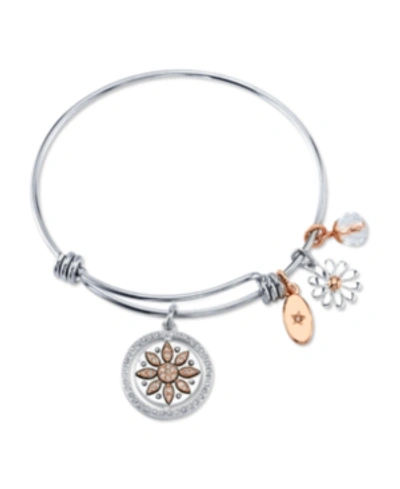 Shop Unwritten "live Laugh Love" Flower Bangle Bracelet In Stainless Steel & Rose Gold-tone With Silver Plated Char