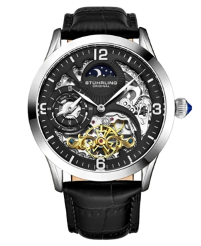 Stuhrling Men's Black Leather Strap Watch 45mm In Black