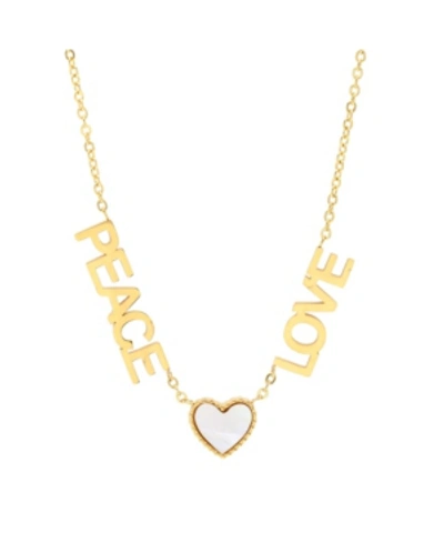 Shop Steeltime 18k Gold Plated Stainless Steel Peace Love Drop Necklace With Heart Charm In Gold-plated